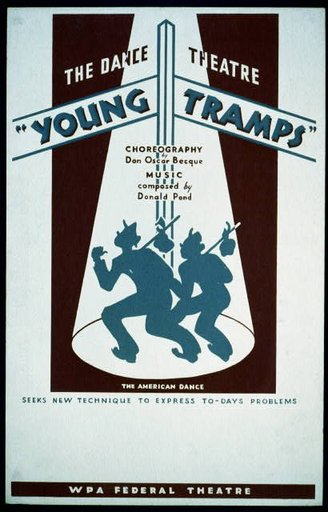 The Dance Theatre "Young tramps" Choreography by Don Oscar Becque, music composed by Donald Pond : The American Dance seeks new technique to express to-days problems.