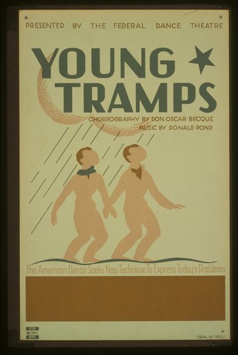Presented by The Federal Dance Theatre "Young tramps" Choreography by Don Oscar Becque, music by Donald Pond : The American Dance seeks new technique to express today's problems.