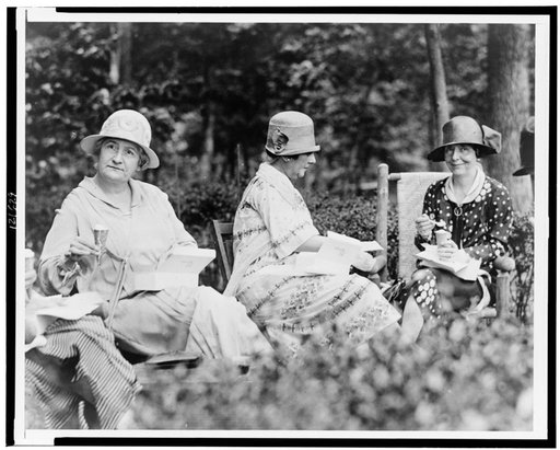 Left to right: Mrs. William N. Butler, wife of the Senator from Mass., Mrs. Frederick Gillett, wife of the Senator from Mass., and Mrs. Oscar Underwood, wife of the Senator from Alabama, at the weekly Senate Ladies Luncheon, Edgemoor