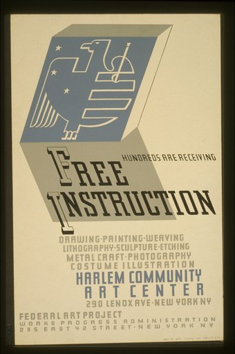 Hundreds are receiving free instruction Drawing, painting, weaving, lithography, sculpture, etching, metal craft, photography, costume illustration [at] Harlem Community Art Center.