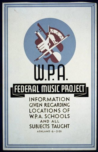 W.P.A. Federal Music Project information given regarding locations of W.P.A. schools and all subjects taught