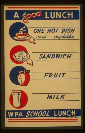 A good lunch - one hot dish, meat, vegetables - sandwich - fruit - milk WPA school lunch.