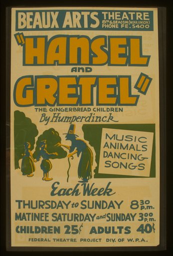 "Hansel and Gretel," the gingerbread children by Humperdinck Music, animals, dancing, songs.