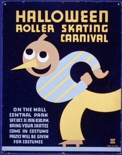 Halloween roller skating carnival On the mall, Central Park : Bring your skates : Come in costume : Prizes will be given for costumes.