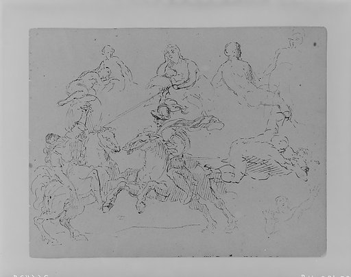 Various Figure Sketches, Including Two Battling Equestrains, Two Wrestlers (from Sketchbook)