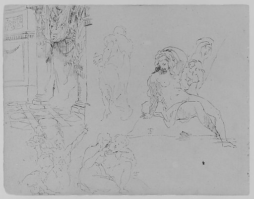 Doric Rotunda Interior with Curtains; Four Figure Studies, Including a Female Nude Bather with Putti, and a Martyrdom [of St. Bartholomew?] (from Sketchbook)