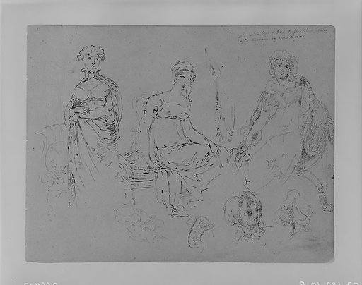 One Standing Woman; Two Seated Women in Fashionable Attire, All 3/4 Length; Two Female Heads in Bonnets (from Sketchbook)