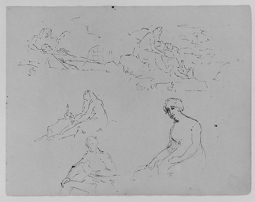 Lamentation (?); Mother and Child in Landscape; Penitent Magdalene; Seated Male at Table; Seated Female Holding a Letter (Batsheba, after Rembrandt) (from Sketchbook)