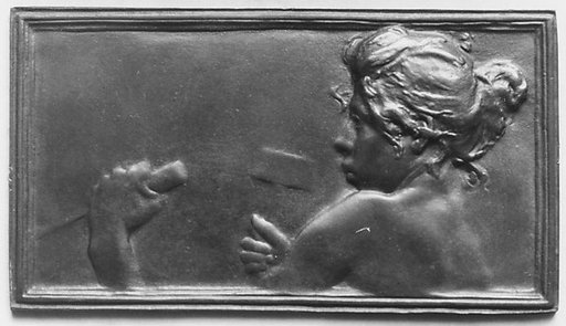 Nude bust of a girl vigorously sculpting a marble block (La Sculpture)