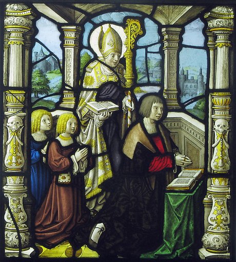A donor and his sons protected by his patron, a bishop