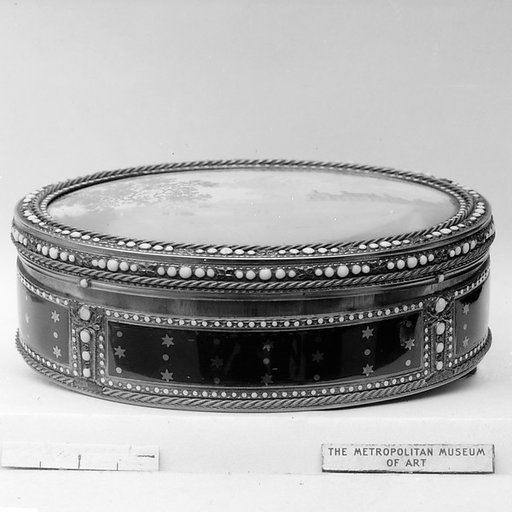 Snuffbox with scene of peasants picnicking on a riverbank near a village