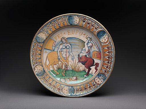 Dish with centaur and centauress battling