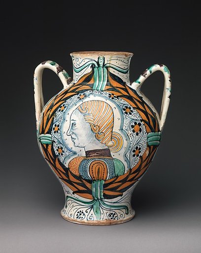 Two-handled pharmacy or storage jar with arms of the Orsini family and profile head of a man