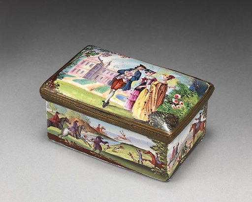 Snuffbox with gallant and two ladies on lid, stag hunt on sides