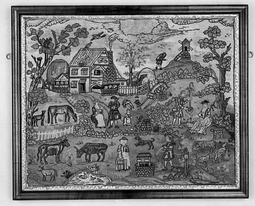 Embroidered picture with farmyard scene
