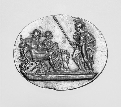 Warrior standing before a seated couple
