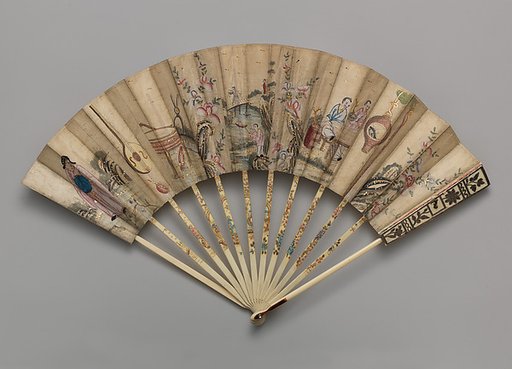 Folding Fan with Representations of Musical Instruments, Musicians and a Fisherman in a Landscape, with calendar