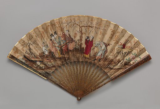 Folding Fan with Scene of Pedlars, Ladies, and a Playing Child