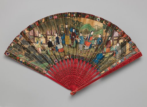 Folding Fan with Scene of Figures in a Courtyard Garden