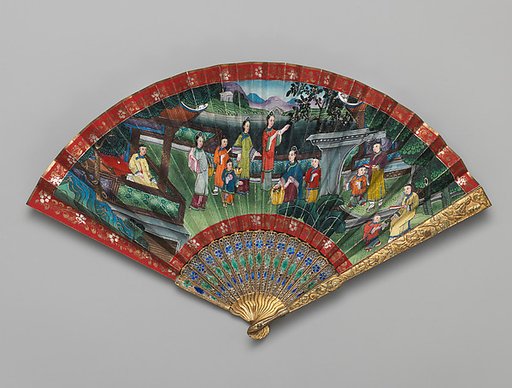 Folding Fan with Scene of Figures in a Courtyard Garden