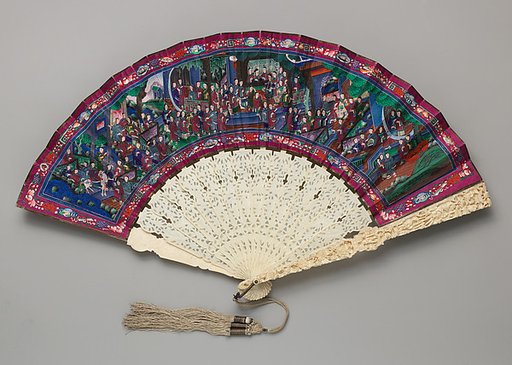 Folding Fan with Scene of Figures in a Courtyard Garden