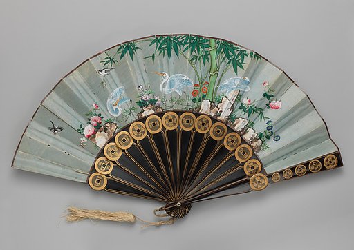 Folding Fan with Scene of Cranes, Bamboo, and Flowers