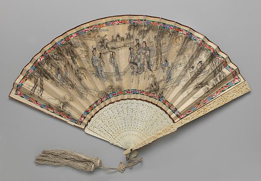 Folding Fan with Scene of Figures in a Courtyard Garden
