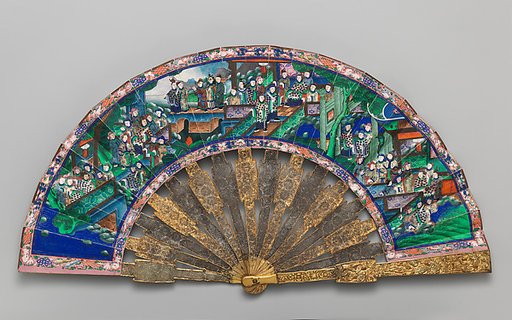 Folding Fan with Scene of Figures in a Courtyard Garden