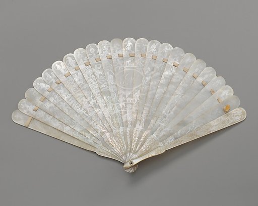 Brisé Fan, with representations of warriors in a Chinese landscape, and EN monogram