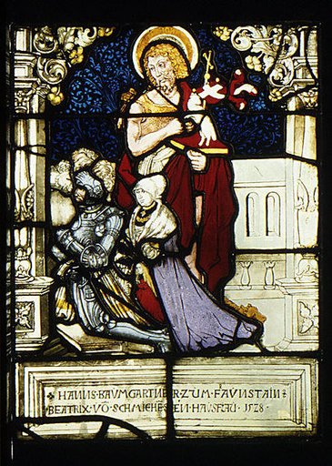 St. John the Baptist standing behind donor, Hanns Baumgartner, and his family (one of a pair)