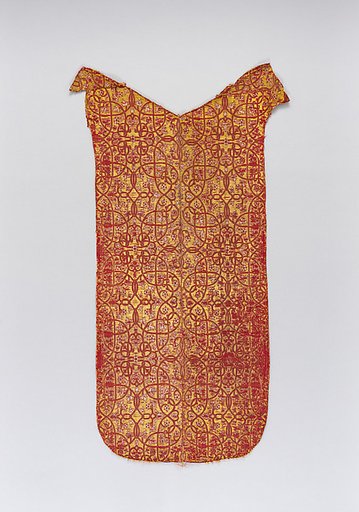 Two strips of red, yellow and white lampas silk; possibly originally part of a chasuble