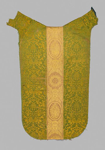 Orphrey woven with figurative repeat design of seraphim with Virgin and Child and reversed IHS Christogram in glories