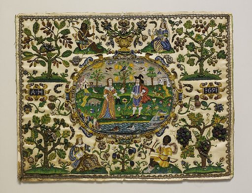 Lady and cavalier surrounded by the four continents