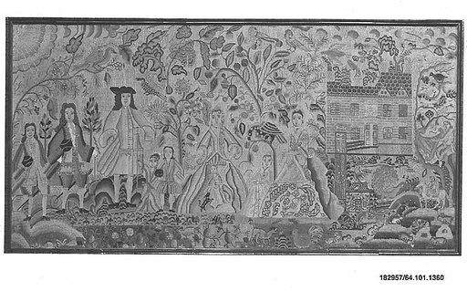 Embroidered picture with a family in a garden setting