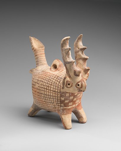Terracotta zoomorphic askos (vessel) with antlers