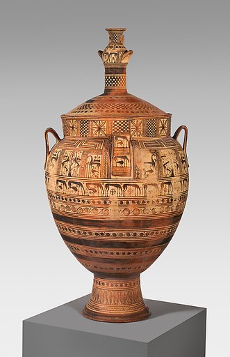 Terracotta krater with lid surmounted by a small hydria