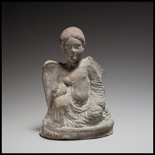 Terracotta statuette of Eros seated and holding a duck