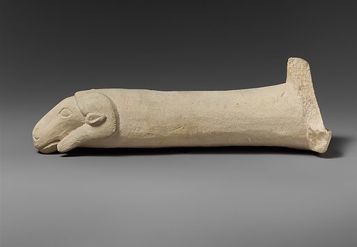 Limestone handle of a patera or a fire shovel ending in a ram’s head