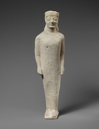 Limestone statuette of a beardless male votary in Greek dress