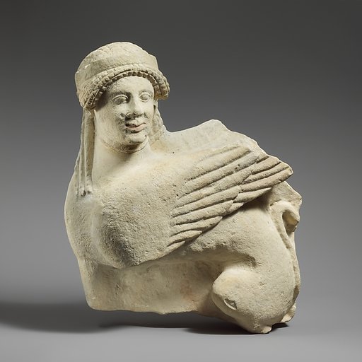 Fragment of a limestone funerary stele with a seated sphinx