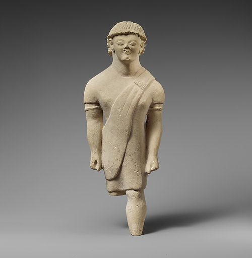 Limestone statuette of a beardless male votary in Greek dress