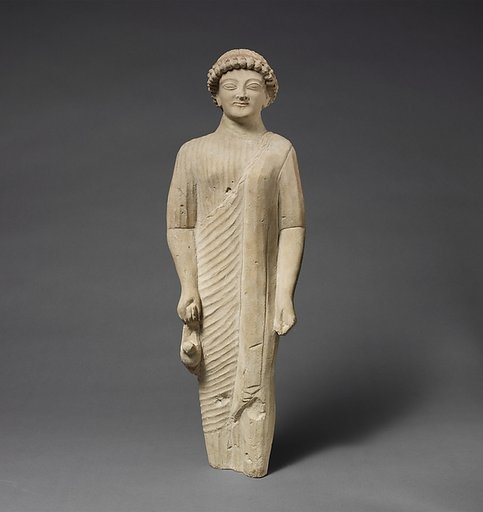 Limestone statuette of a beardless male votary with a fillet