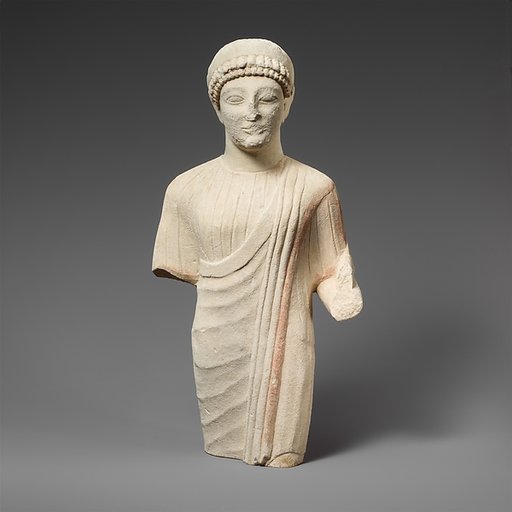 Limestone statuette of a beardless male votary with a diadem