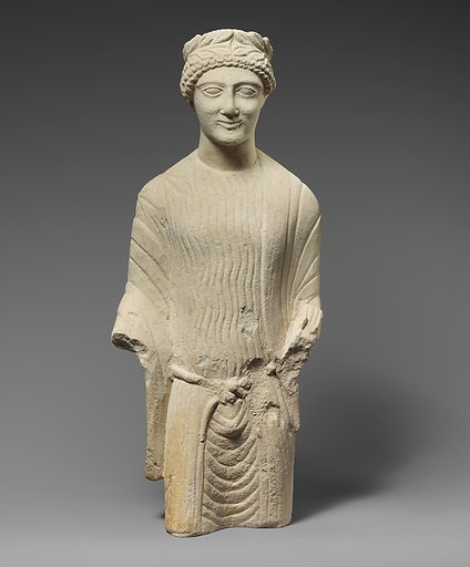 Limestone statuette of a beardless male votary with a wreath of leaves