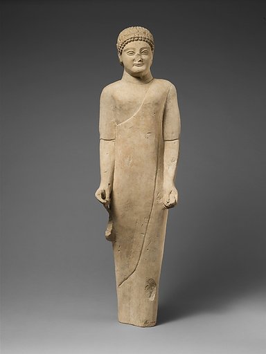 Limestone statuette of a beardless male votary with a wreath of leaves