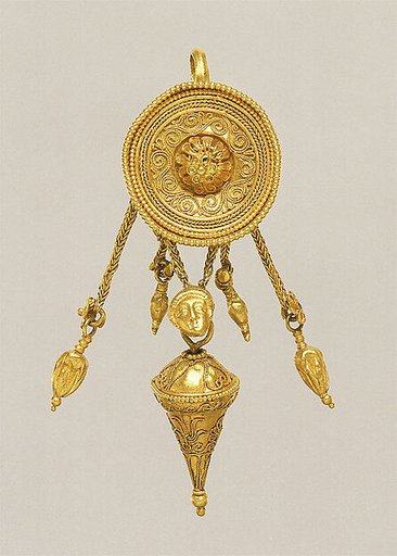 Gold disk earring with a female head and cone pendants