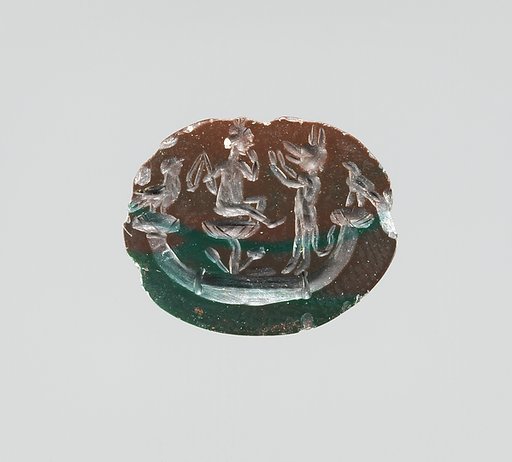 Jasper intaglio: Harpocrates seated on lotus in papyrus boat
