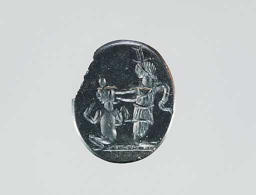 Hematite intaglio: Isis and Harpocrates