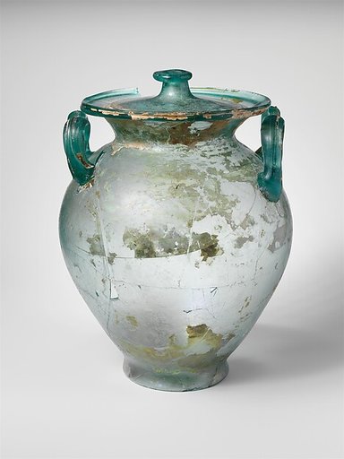 Glass cinerary urn with lid