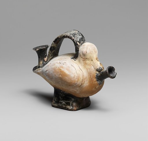 Terracotta askos (flask with a spout and handle over the top) in the form of a duck